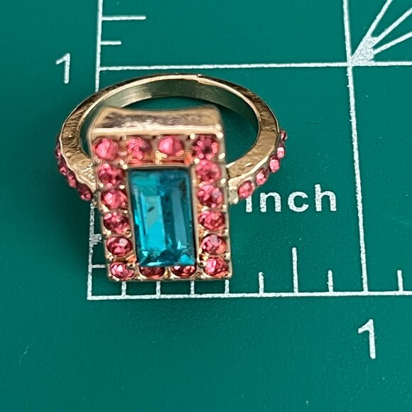 Rose Gold Crystal Cocktail Ring Pink Aqua Blue Princess Cut Size 6 Plated - Picture 12 of 14
